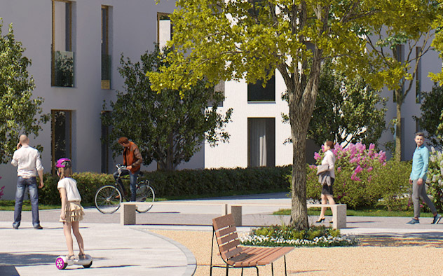 DIBAG Stadtquartier Obere Walke Mood Visualisierung Ausschnitt Wohnhäuser und Quartiersplatz mit Menschen