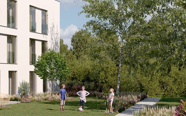 DIBAG Stadtquartier Obere Walke Visualisierung Bauabschnitt 2 Ausschnitt spielende Kinder vor Wohnhaus