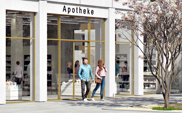 DIBAG Stadtquartier Obere Walke Mood Visualisierung Ausschnitt Dienstleistungszentrum Apotheke mit Menschen